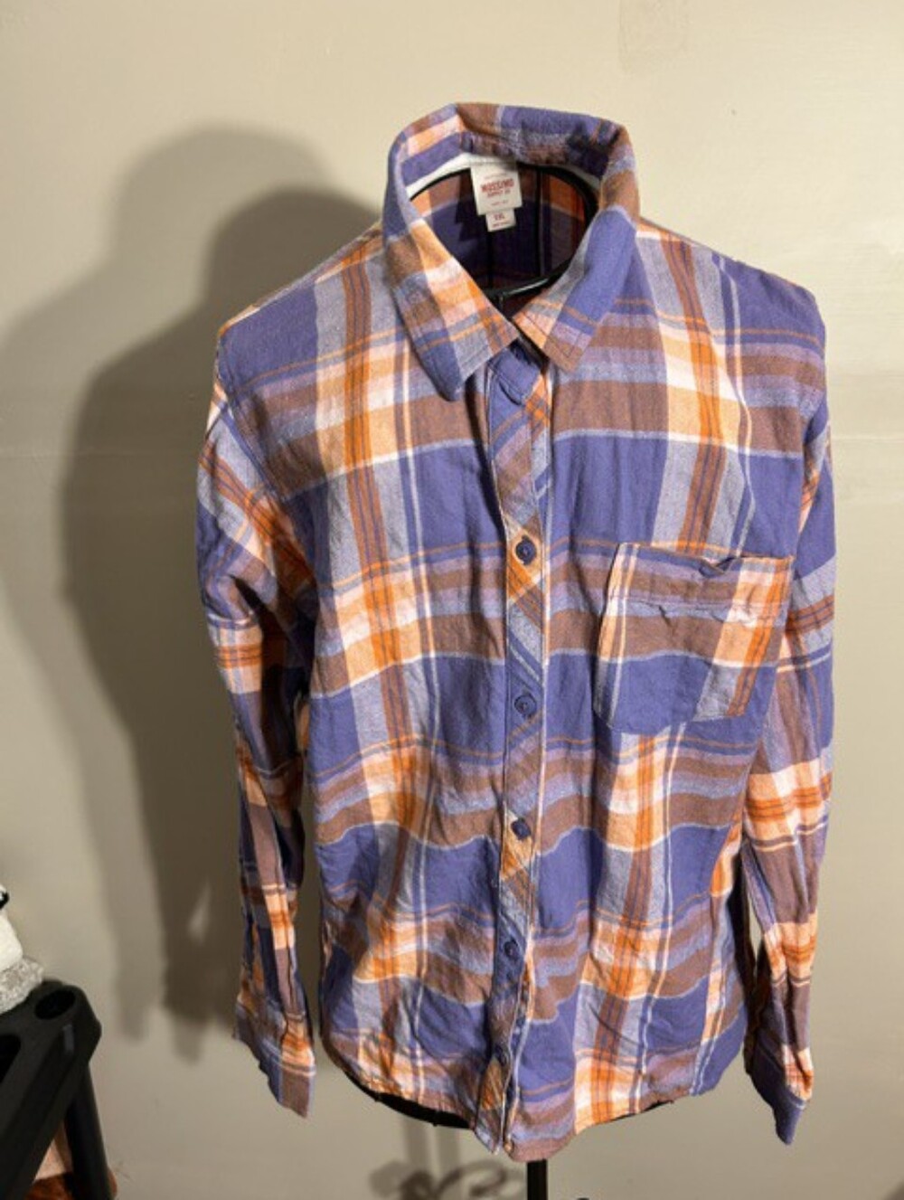 size extra large womens plaid orange purple shirt flannel gorpcore